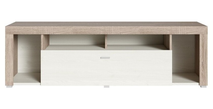 Meuble TV 150cm collection BELMONT. Coloris chêne et blanc crème effet bois.