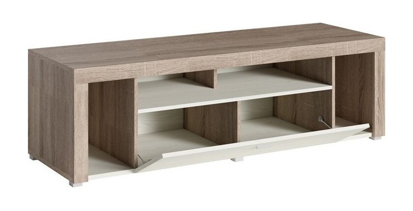 Meuble TV 150cm collection BELMONT. Coloris chêne et blanc crème effet bois.