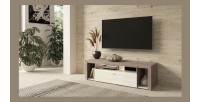 Meuble TV 150cm collection BELMONT. Coloris chêne et blanc crème effet bois.