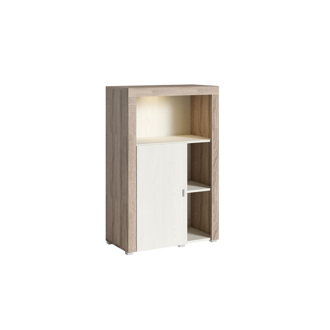Buffet haut collection BELMONT une porte et trois niches. Coloris chêne et blanc crème effet bois.