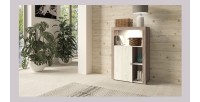 Buffet haut collection BELMONT une porte et trois niches. Coloris chêne et blanc crème effet bois.