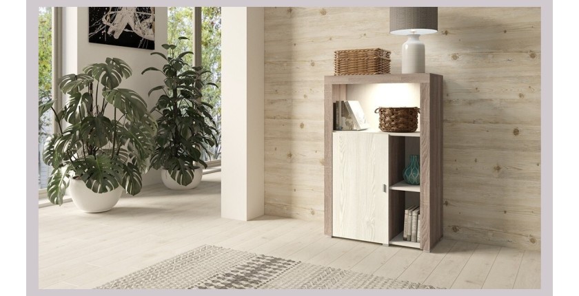Buffet haut collection BELMONT une porte et trois niches. Coloris chêne et blanc crème effet bois.