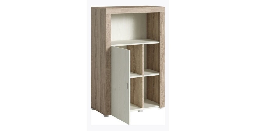 Buffet haut collection BELMONT une porte et trois niches. Coloris chêne et blanc crème effet bois.