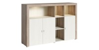 Buffet 160cm avec nombreux rangements collection BELMONT. Coloris chêne et blanc crème effet bois.
