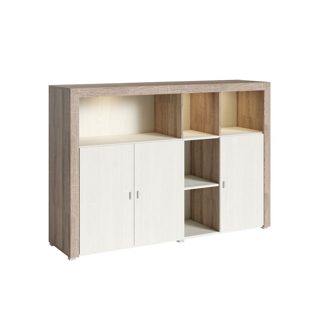 Buffet 160cm avec nombreux rangements collection BELMONT. Coloris chêne et blanc crème effet bois.