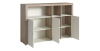 Buffet 160cm avec nombreux rangements collection BELMONT. Coloris chêne et blanc crème effet bois.