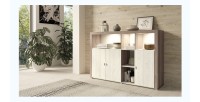 Buffet 160cm avec nombreux rangements collection BELMONT. Coloris chêne et blanc crème effet bois.