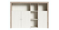 Buffet 160cm avec nombreux rangements collection BELMONT. Coloris chêne et blanc crème effet bois.