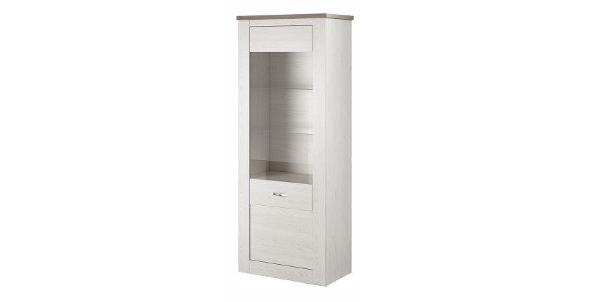 Vitrine haute design, 1 porte collection JUDY. Coloris blanc effet bois et chêne.
