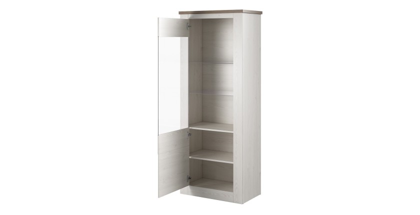 Vitrine haute design, 1 porte collection JUDY. Coloris blanc effet bois et chêne.