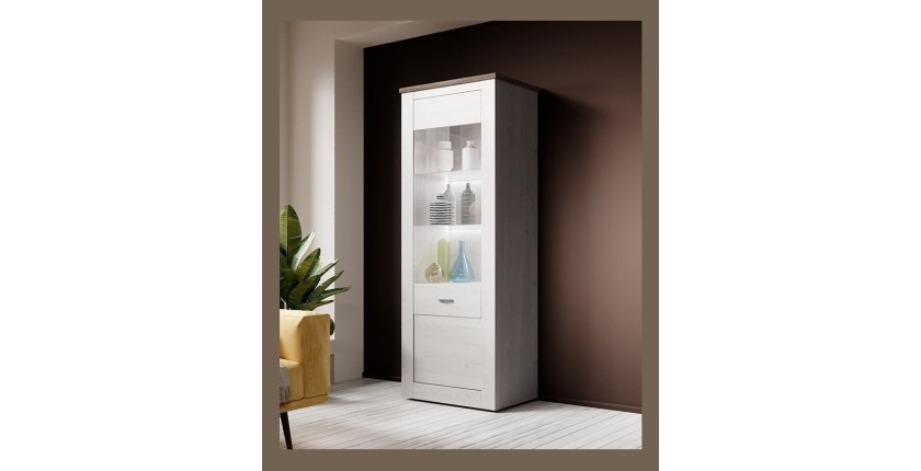Vitrine haute design, 1 porte collection JUDY. Coloris blanc effet bois et chêne.