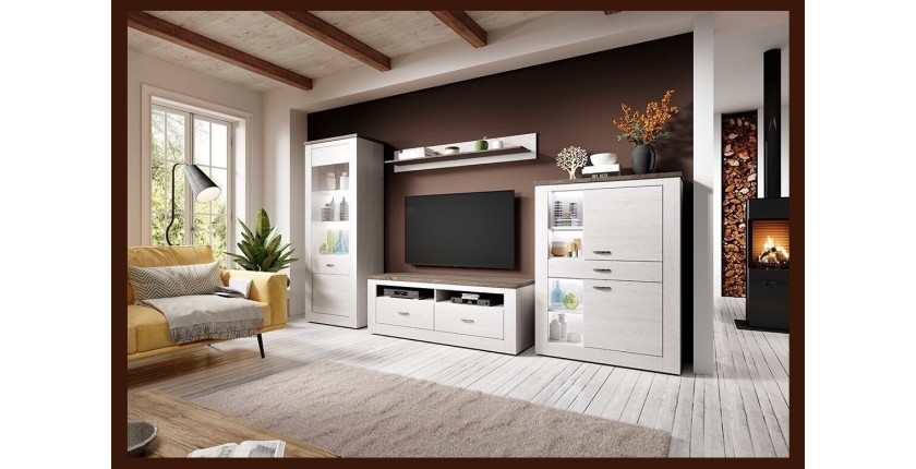 Vitrine haute design, 1 porte collection JUDY. Coloris blanc effet bois et chêne.