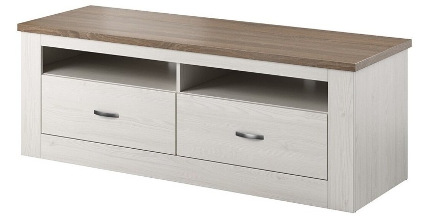 Meuble TV 150cm collection JUDY. Coloris blanc effet bois et chêne.