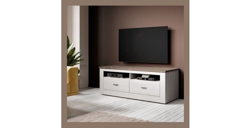Meuble TV 150cm collection JUDY. Coloris blanc effet bois et chêne.