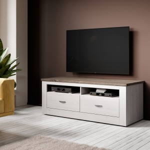 Meuble TV 150cm collection JUDY. Coloris blanc effet bois et chêne.