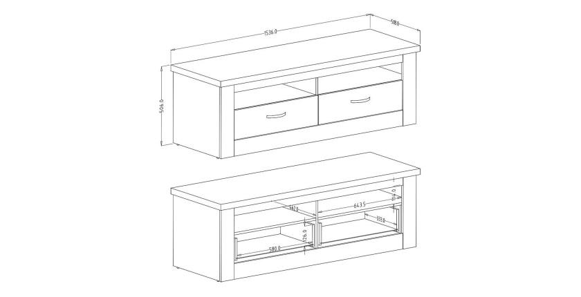 Meuble TV 150cm collection JUDY. Coloris blanc effet bois et chêne.