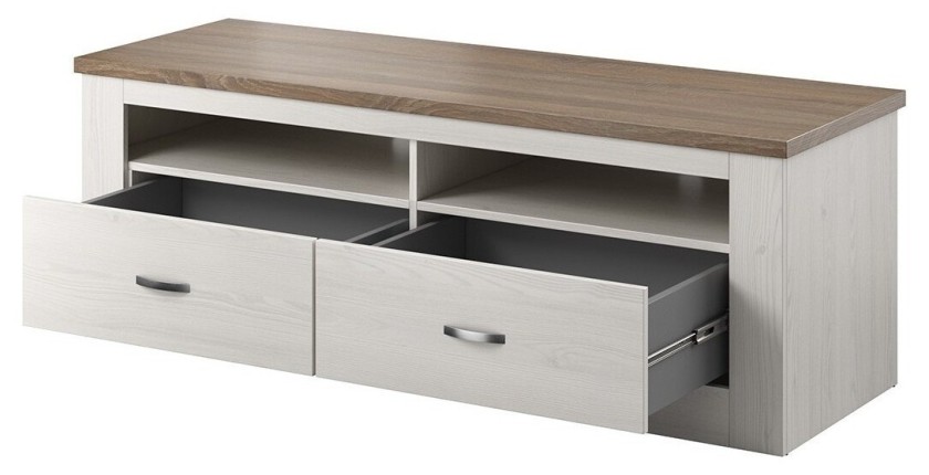 Meuble TV 150cm collection JUDY. Coloris blanc effet bois et chêne.
