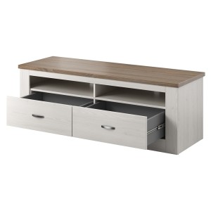 Meuble TV 150cm collection JUDY. Coloris blanc effet bois et chêne.