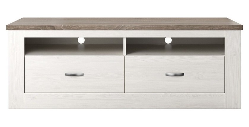 Meuble TV 150cm collection JUDY. Coloris blanc effet bois et chêne.