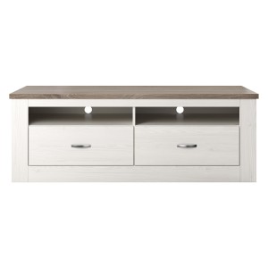Meuble TV 150cm collection JUDY. Coloris blanc effet bois et chêne.