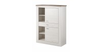 Buffet haut collection JUDY deux portes, un tiroir et quatre niches. Coloris blanc effet bois et chêne.