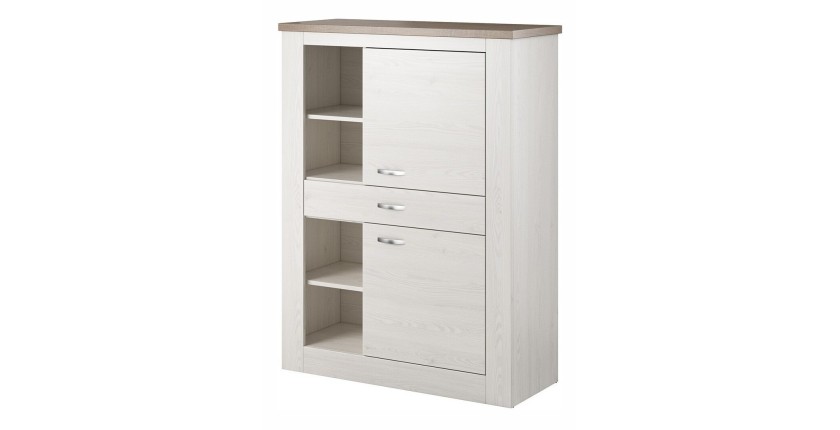 Buffet haut collection JUDY deux portes, un tiroir et quatre niches. Coloris blanc effet bois et chêne.