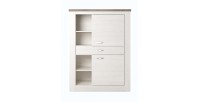 Buffet haut collection JUDY deux portes, un tiroir et quatre niches. Coloris blanc effet bois et chêne.