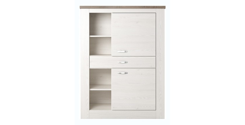 Buffet haut collection JUDY deux portes, un tiroir et quatre niches. Coloris blanc effet bois et chêne.