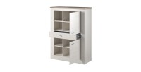 Buffet haut collection JUDY deux portes, un tiroir et quatre niches. Coloris blanc effet bois et chêne.