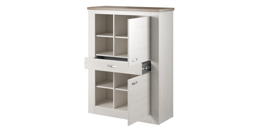Buffet haut collection JUDY deux portes, un tiroir et quatre niches. Coloris blanc effet bois et chêne.