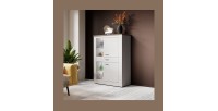 Buffet haut collection JUDY deux portes, un tiroir et quatre niches. Coloris blanc effet bois et chêne.