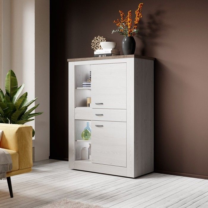 Buffet haut collection JUDY deux portes, un tiroir et quatre niches. Coloris blanc effet bois et chêne.
