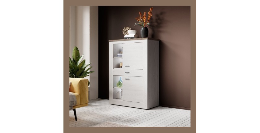 Buffet haut collection JUDY deux portes, un tiroir et quatre niches. Coloris blanc effet bois et chêne.