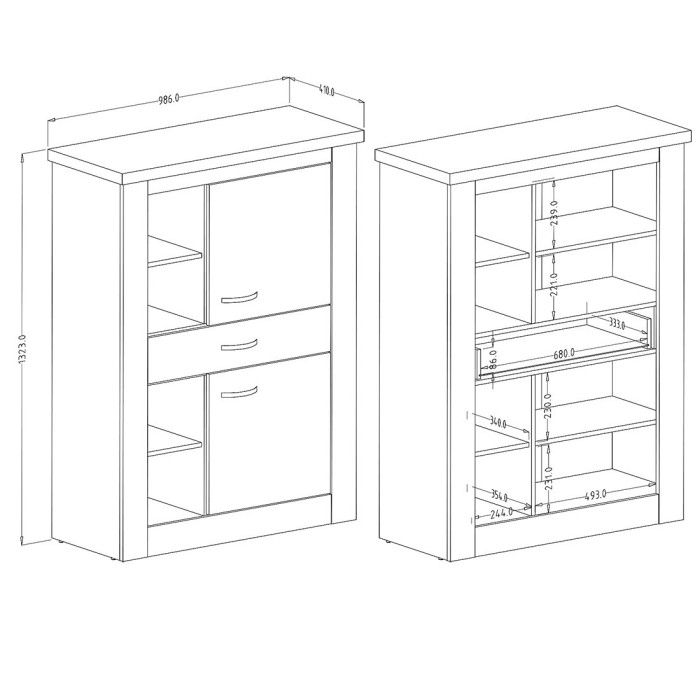 Buffet haut collection JUDY deux portes, un tiroir et quatre niches. Coloris blanc effet bois et chêne.