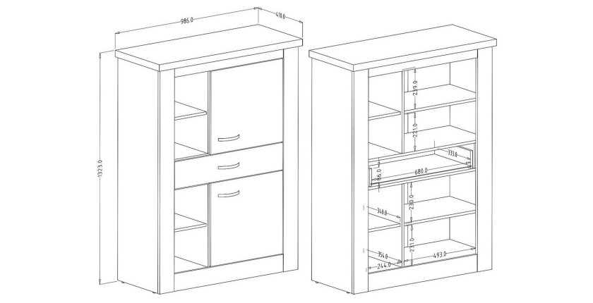 Buffet haut collection JUDY deux portes, un tiroir et quatre niches. Coloris blanc effet bois et chêne.