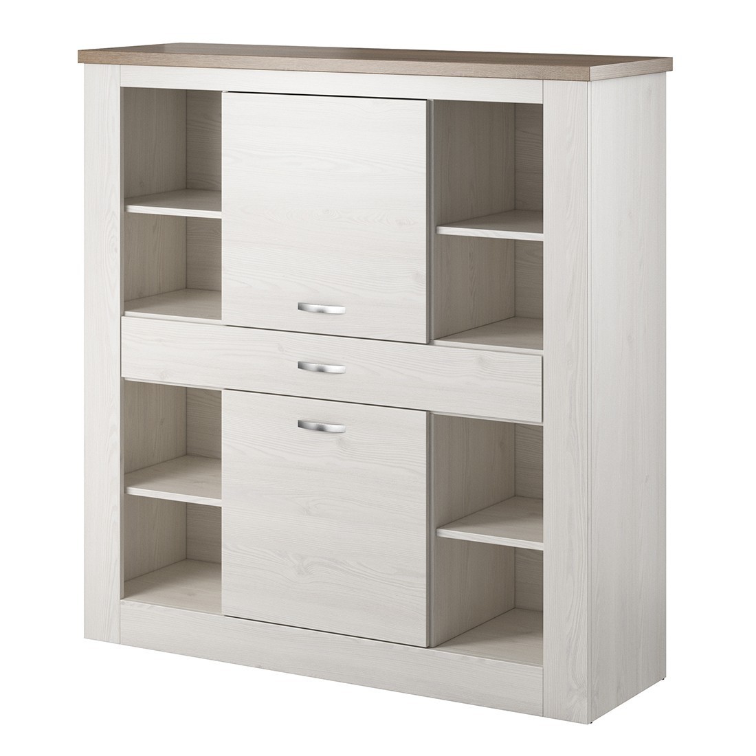 Vaisselier XL collection JUDY. Coloris blanc effet bois et chêne.