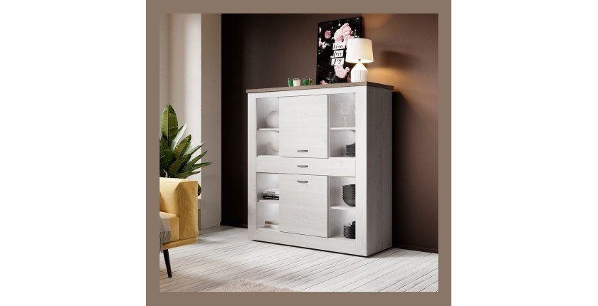Vaisselier XL collection JUDY. Coloris blanc effet bois et chêne.
