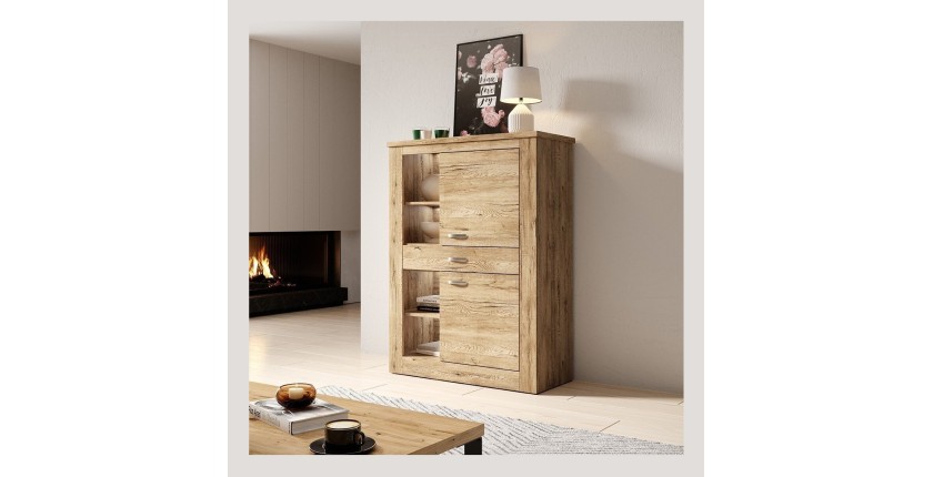 Buffet haut collection JUDY deux portes, un tiroir et quatre niches. Coloris chêne.
