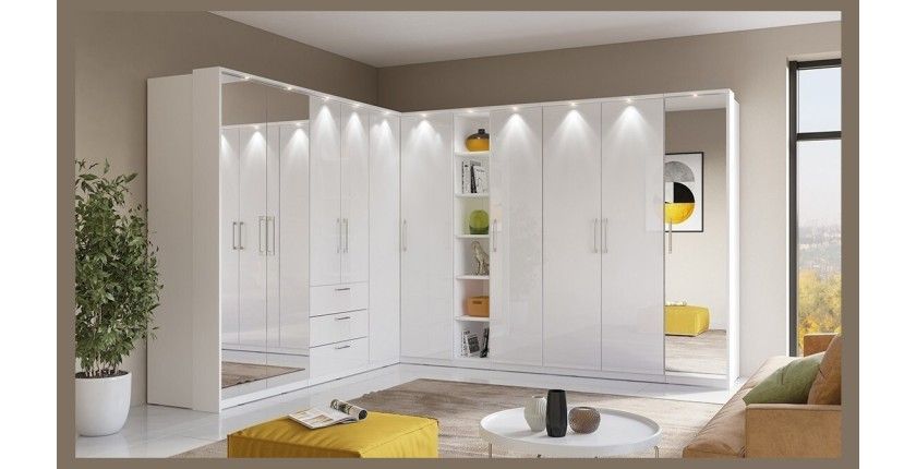 Armoire 2 portes pour dressing collection MODULO coloris blanc avec LED et pack 3 étagères inclus.