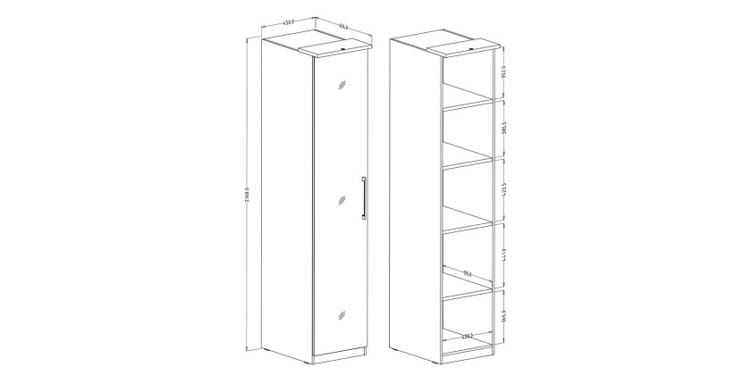 Armoire 1 porte avec miroir pour dressing collection MODULO coloris blanc avec LED incluses.
