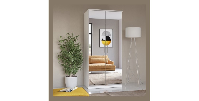 Armoire 2 portes avec miroir pour dressing collection MODULO coloris blanc avec LED et pack 3 étagères inclus.