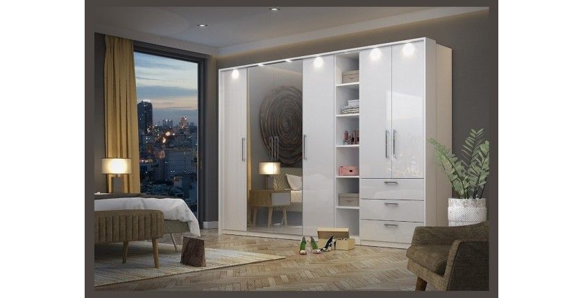 Armoire 2 portes et 3 tiroirs pour dressing collection MODULO coloris blanc avec LED et pack 3 étagères inclus.