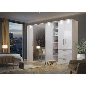 Armoire 2 portes et 3 tiroirs pour dressing collection MODULO coloris blanc avec LED et pack 3 étagères inclus.