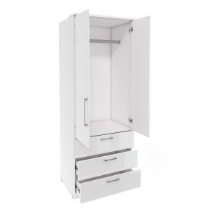 Armoire 2 portes et 3 tiroirs pour dressing collection MODULO coloris blanc avec LED et pack 3 étagères inclus.