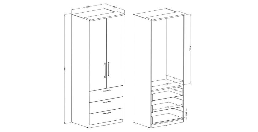 Armoire 2 portes et 3 tiroirs pour dressing collection MODULO coloris blanc avec LED et pack 3 étagères inclus.
