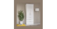 Armoire 2 portes et 3 tiroirs pour dressing collection MODULO coloris blanc avec LED et pack 3 étagères inclus.