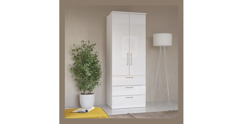 Armoire 2 portes et 3 tiroirs pour dressing collection MODULO coloris blanc avec LED et pack 3 étagères inclus.