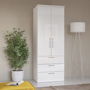 Armoire 2 portes et 3 tiroirs pour dressing collection MODULO coloris blanc avec LED et pack 3 étagères inclus.