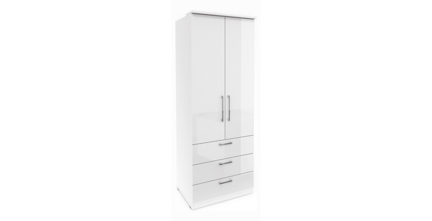 Armoire 2 portes et 3 tiroirs pour dressing collection MODULO coloris blanc avec LED et pack 3 étagères inclus.