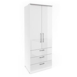 Armoire 2 portes et 3 tiroirs pour dressing collection MODULO coloris blanc avec LED et pack 3 étagères inclus.